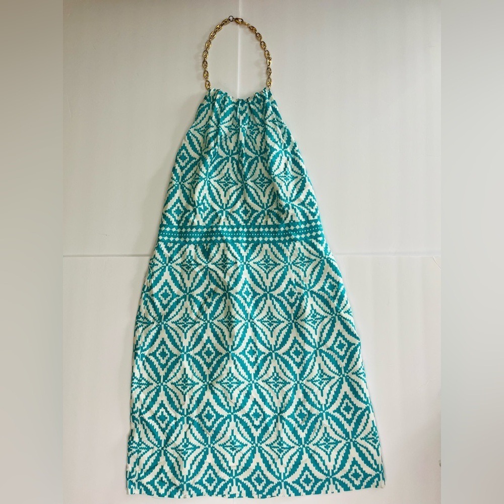 Milly Of New York 100% Silk Dress Backless Chain Halter Sz 10 In Teal Cream NWT